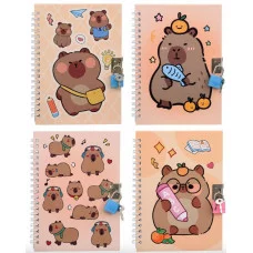 Блокнот детский+замочек "КАПИБАРА" цветная 7БЦ обложка с рисунком ассорти блок-клетка, на гребне МС-7247