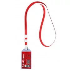 Бейдж вертикальный в комплекте с лентой ErichKrause размер вставки 54х85 мм, прозрачный, цвет ленты красный 63721