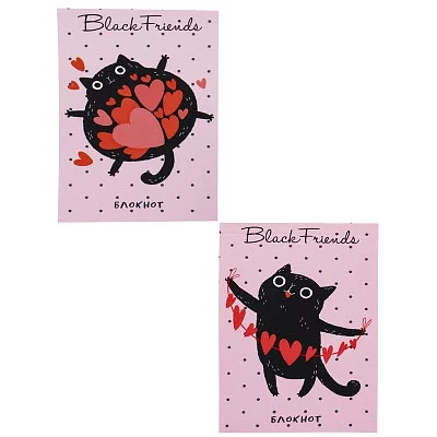 БЛОКНОТ А7 48л. ЧЕРНЫЕ КОТЫ С СЕРДЕЧКАМИ Б48-0538 КБС