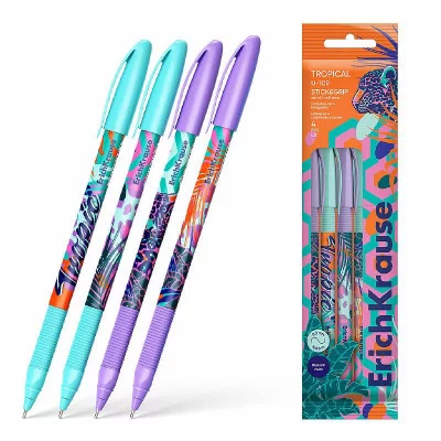 Набор из 4 ручек шариковых ErichKrause U-109 Stick&Grip Tropical 1.0, Ultra Glide Technology, цвет чернил синий (в пакете) 61104