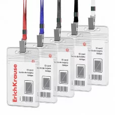 Бейдж вертикальный в комплекте с лентой ErichKrause размер вставки 62х91 мм, прозрачный, цвет ленты ассорти, 62072