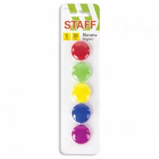 Магниты СРЕДНЕГО ДИАМЕТРА 30 мм НАБОР 5 штук цвет АССОРТИ в блистере STAFF Basic 237482