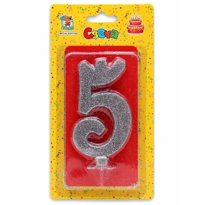 Свеча для торта Серебряный глиттер (большая) Цифра 5 С-1887