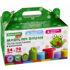 Пластилин-тесто для лепки BRAUBERG KIDS, 24 цвета, 1680 г, крышки-штампики, сундучок, 106722