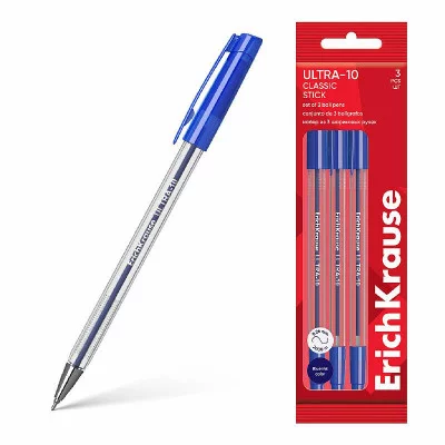 Набор из 3 ручек шариковых ErichKrause ULTRA-10 Stick Classic 0.7, Super Glide Technology, цвет чернил синий (в пакете) 61027