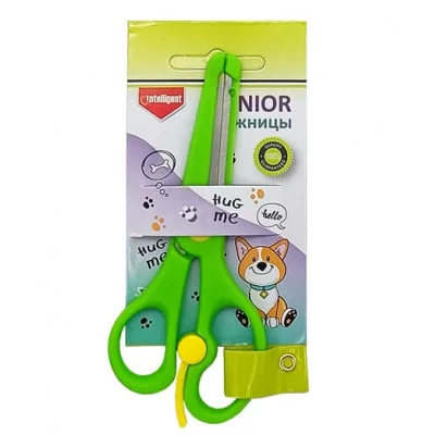 Ножницы детские INTELLIGENT CZ-223 135мм пластиковые ассиметричные ручки, безопасные лезвия, с ограничителем, зеленые, на блистере 327302