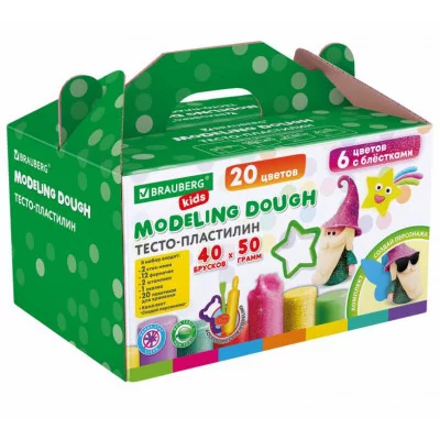 Пластилин-тесто для лепки BRAUBERG KIDS, 40 шт., 2000 г, 12 формочек, 2 стека, 2 штампика, 1 скалка, 20 пакетиков для хранения, 106724