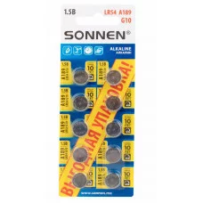 Батарейки алкалиновые "таблетка" КОМПЛЕКТ 10 шт., SONNEN Alkaline 189A (G10, LR54), в блистере, 457136
