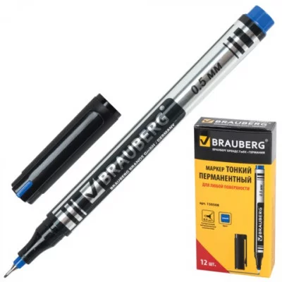 Маркер перманентный (нестираемый) BRAUBERG "Jet", супертонкий метал. наконечник 0,5мм, синий, 150508