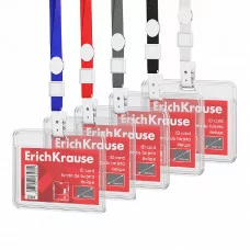 Бейдж горизонтальный в комплекте с лентой ErichKrause слайдер, размер вставки 85х54 мм, прозрачный, цвет ленты ассорти, 62083