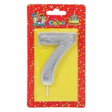 Свеча для торта Серебряный глиттер с окантовкой Цифра 7 С-5971