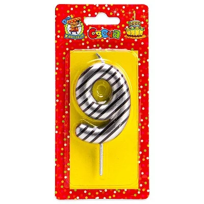 Свеча для торта в полоску, Цифра 9, серебряная С-2528 466-5-306-72528-4