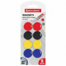 Магниты диаметром 30 мм КОМПЛЕКТ 8 штук цвет АССОРТИ в блистере BRAUBERG 230758