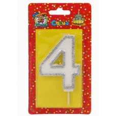 Свеча для торта с серебряной окантовкой (глиттер) Цифра 4 С-5958