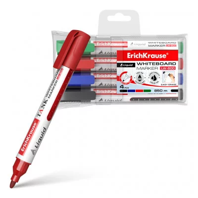 Набор из 4 маркеров для досок ErichKrause LW-600 Tank Liquid, цвет чернил: черный, синий, красный, зеленый 1шт 58362