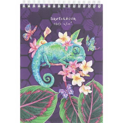 Скетчбук А5, 30л, ХАМЕЛЕОН НА ЦВЕТКЕ (30-6018), на гребне, жесткая подложка, мат. лам, 160г.