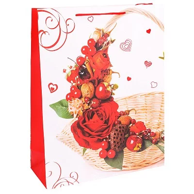 Dream cards Пакет подарочный с мат.лам. 31х40х12см (XL) Корзина красными цветами, 210 г ПКП-2626