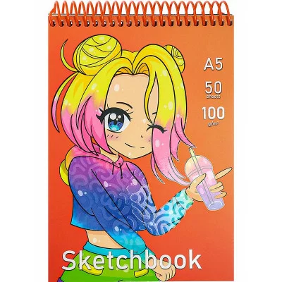 Скетчбук А5 Девочка и стакан (мат лам+выб лак, жест подл, на спирали, 50л, 100г) (айвори) С50-4215