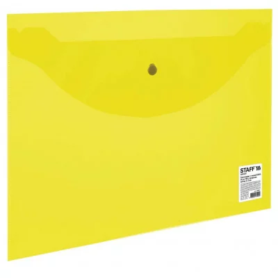 Папка-конверт с кнопкой STAFF, А4, до 100 листов, прозрачная, желтая, 0,12 мм, 226031