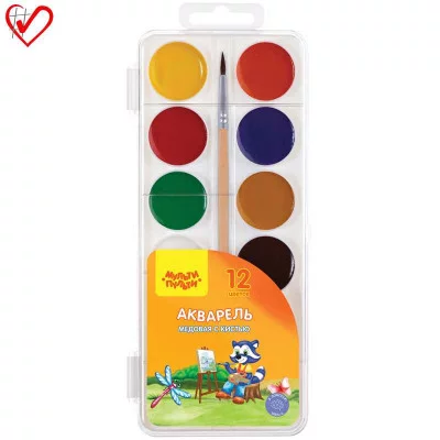 Акварель Мульти-Пульти "Приключения Енота", медовая, 12 цветов, с кистью, пластик 263689
