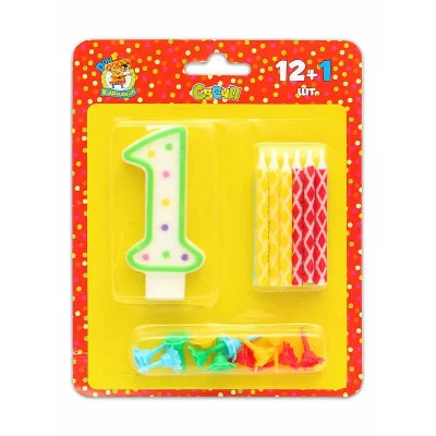 Свечи с цветным узором с подставками 12 шт. + свеча-цифра "1"  С-0423