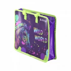 Папка с ручками 1 отделение, А4 265х335х90мм, Alingar, пластик, ручки тесьма, дизайн с двух сторон, молния сверху, "Неоновая зебра" AL11391