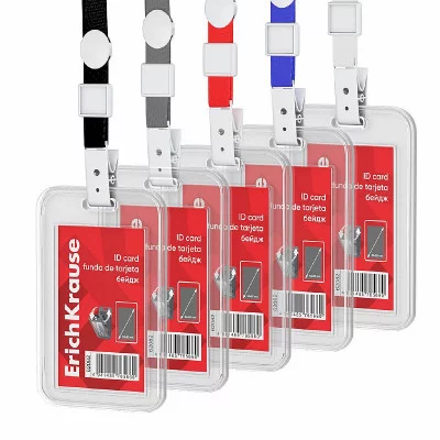 Бейдж вертикальный в комплекте с лентой ErichKrause книжка, размер вставки 54х85 мм, прозрачный, цвет ленты ассорти, 62082