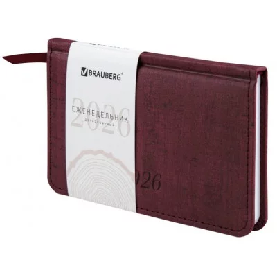 Еженедельник датированный 2026 МАЛЫЙ ФОРМАТ 95х155 мм, А6, BRAUBERG "Wood", под кожу, бордо, 117196