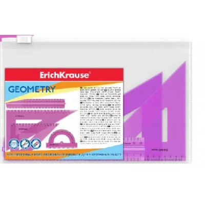 Набор геометрический большой пластиковый ErichKrause Neon, (линейка, 2 угольника, транспортир), розовый, во флоупаке 53018