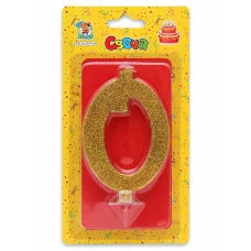 Свеча для торта Золотой глиттер (большая) Цифра 0 С-1892