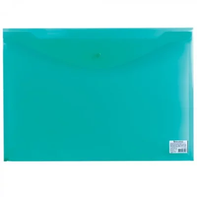 Папка-конверт с кнопкой BRAUBERG А3, прозрачная, зеленая, 0,18мм, 224033