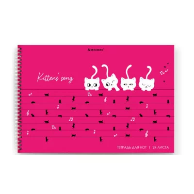 Тетрадь для нот А4, 24 л, обложка мелованный картон, горизонтальная, на гребне, BRAUBERG, "Котики", 404641