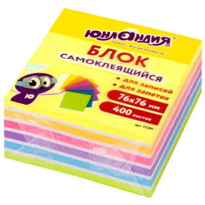 Блок самоклеящийся стикеры ЮНЛАНДИЯ НЕОНОВЫЙ 76х76 мм, 400 листов, 7 цветов, 111351