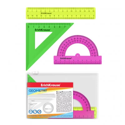 Набор геометрический малый пластиковый ErichKrause Neon Solid, (линейка, угольник, транспортир) 57928