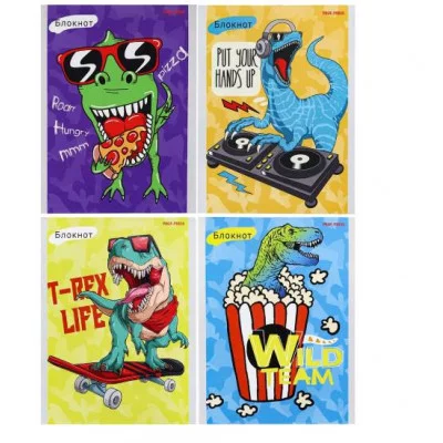 БЛОКНОТ А6 24л. КЛЁВЫЕ ТИРАННОЗАВРЫ - 2 (Б24-6803) ассорти, на скрепке, цвет.мелов.обл,р-р 101,5х136 Б24-6803