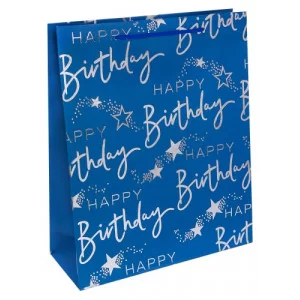 Dream cards Пакет подарочный с мат.лам. и тиснением фольгой 31х42х12см (XL) Счастливого дня рождения, голубой, 210 г ПКП-2617