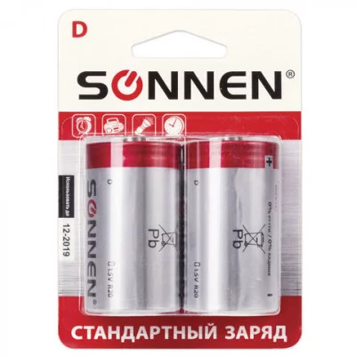 Батарейки SONNEN, D (R20) , КОМПЛЕКТ 2шт., солевые, в блистере, 1.5В, 451100