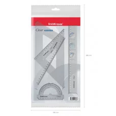 Набор геометрический большой пластиковый ErichKrause Clear, (линейка, 2 угольника, транспортир), прозрачный 52976