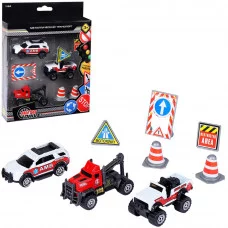 AUTODRIVE Набор металлических машинок, Служба спасения 3шт с дорожными знаками (внедорожник, эвакуатор, открытый внедорожник) в/к 23*17,5*4см. JB0403981