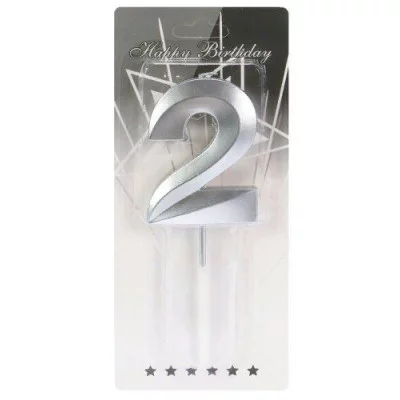 Свеча для торта Серебряный стиль Цифра 2 С-2974