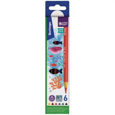 Карандаши акварельные Berlingo "SuperSoft. Рыбки", 06цв., трехгран., заточен., картон, европод 297241