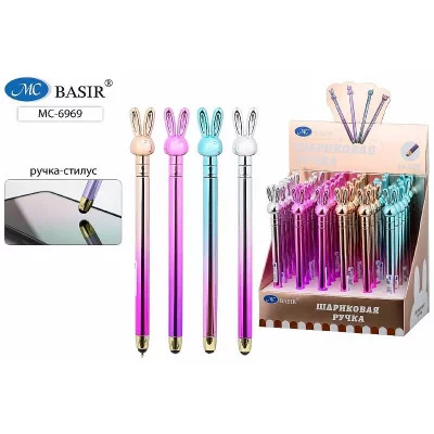 Шариковая ручка с поворотным механизмом+стилус: цветной-металлик корпус ассорти наконечник-ЗАЙЧИК МС-6969