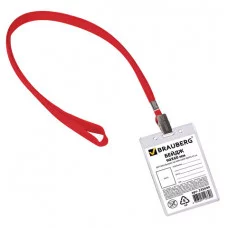 Бейдж BRAUBERG, 90х60 мм вертикальный, на красной ленте 45 см, 235699