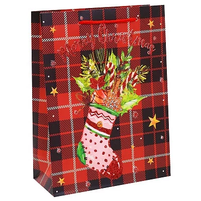 Dream cards Пакет подарочный с мат.лам. и глиттером 18х24х8,5см (M) Новогодний носок, 210 г  ПКП-2508