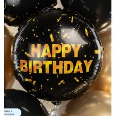 Шар (18\'\'/46 см) Круг, Happy Birthday (золотое конфетти), Черный, 1 шт. в уп. (цв.этик.) 21921S