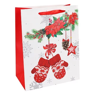 Dream cards Пакет подарочный с мат. лам.  и глиттером 26 x 32 x 10 см (L) Красные варежки, 210 г ПКП-3785