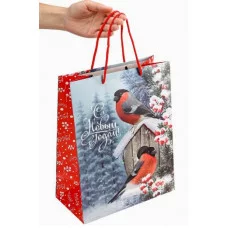Dream cards Пакет подароч. с мат.лам. и глит. 26х32х10 см (L) Снегири 190г ППК-2339