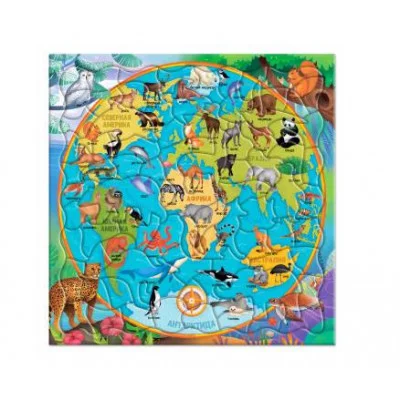 Пазл фигурный на подложке. 80 деталей. Карта мира. Животные. 30х30,5 см. ГЕОДОМ