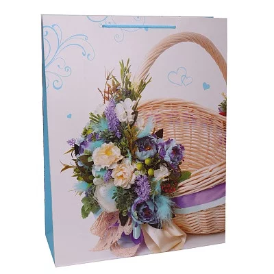 Dream cards Пакет подарочный с мат.лам. 31х40х12см (XL) Корзина синими цветами, 210 г ПКП-2625
