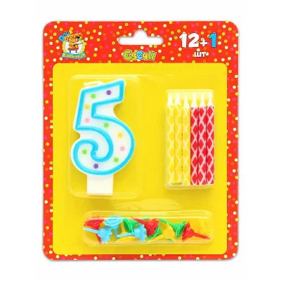 Свечи с цветным узором с подставками. 12 шт. + свеча-цифра "5"  С-0427
